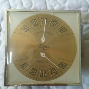 Vintage Taylor USA Gold Cream Plastic Square Temperature Humidity Gauge MCM